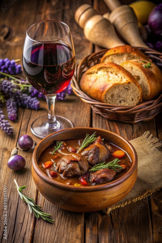 Guiso de boeuf bourguignon en un cuenco de barro, acompañado de pan fresco y una copa de vino tinto, con lavanda y ciruelas en el fondo. Cocina francesa auténtica. Guiso de boeuf bourguignon en un cuenco de barro, acompañado de pan fresco y una copa de vino tinto, con lavanda y ciruelas en el fondo. Cocina francesa auténtica.