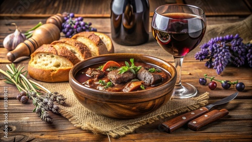 Boeuf bourguignon servido en un cuenco de barro, acompañado de pan fresco y una copa de vino tinto sobre una mesa de madera, con lavanda decorativa. Cocina francesa tradicional.