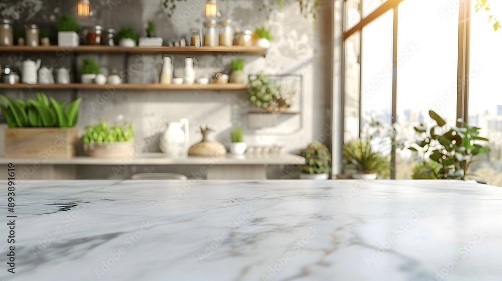 Elegant Marble Countertop in a Sunlit Indoor Garden Space Elegant Marble Countertop in a Sunlit Indoor Garden Space