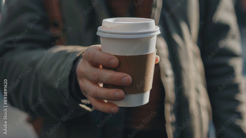 A person in a green jacket holds out a white coffee cup with a brown sleeve, the background softly blurred. A person in a green jacket holds out a white coffee cup with a brown sleeve, the background softly blurred.