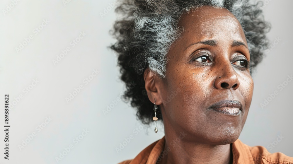 Thoughtful elderly woman with gray curly hair Thoughtful elderly woman with gray curly hair