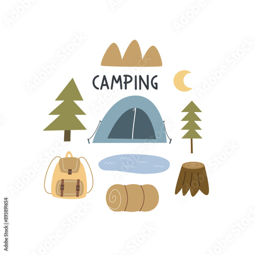 Cartoon camping thematic elements, hand drawing lettering. Colorful vector illustration, flat style. design for cards, print, poster, cover