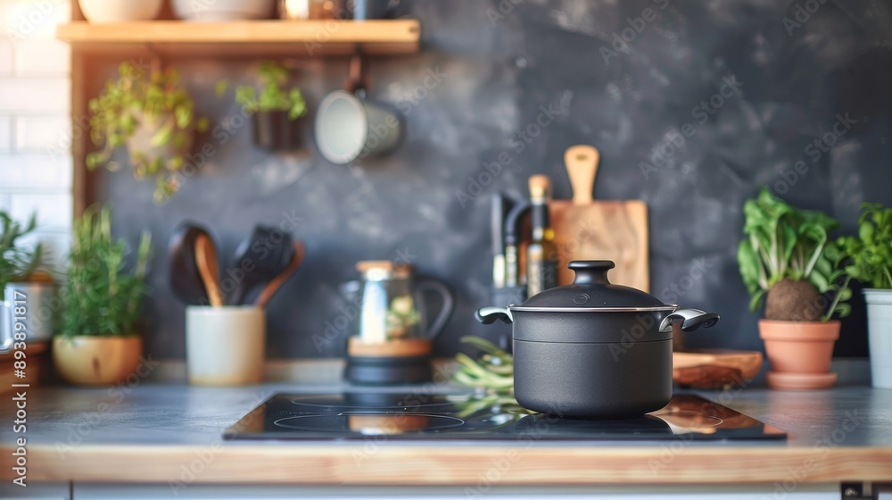 A black pot sits on a modern electric stovetop in a kitchen with rustic elements, symbolizing home cooking, meal preparation, modern appliances, and a cozy kitchen atmosphere. - A black pot sits on a A black pot sits on a modern electric stovetop in a kitchen with rustic elements, symbolizing home cooking, meal preparation, modern appliances, and a cozy kitchen atmosphere. - A black pot sits on a