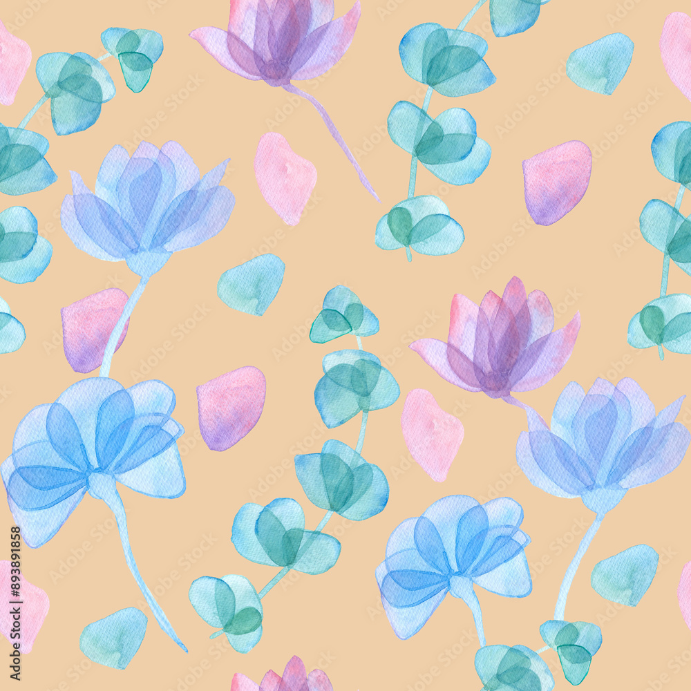 Obraz premium green eucalyptus leaves and flowers with transparent petals seamless pattern on beige background watercolor illustration floral background for invitations. for clothing, wallpaper, wrapping paper