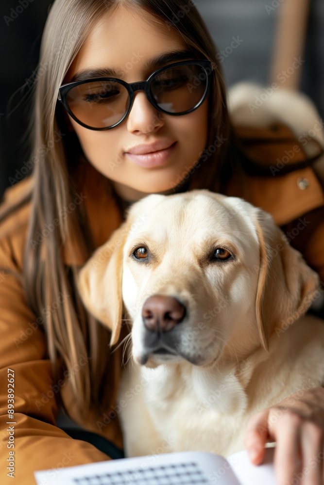 Woman with guide dog reading a book written in Braille indoors. Concept of visual impairment Woman with guide dog reading a book written in Braille indoors. Concept of visual impairment