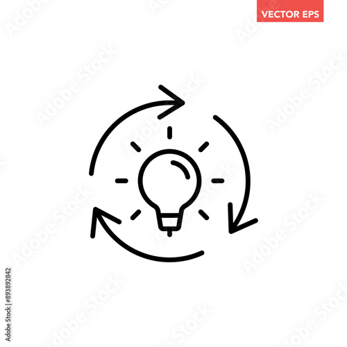 Single black refresh idea line icon, simple light bulb with repeat arrow flat design illustration pictogram for infographic interface elements for app logo web button ui isolated on white background