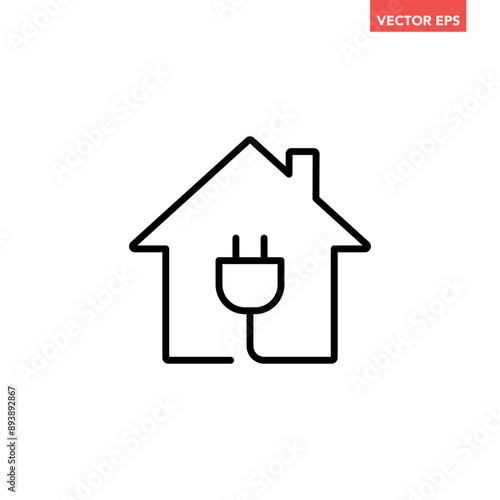 Black single house with power plug line icon, simple home cable wire flat design pictogram, infographic illustration for app logo web button ui ux interface elements isolated on white background