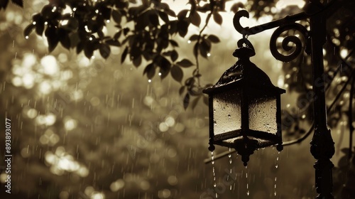 Fototapeta Naklejka Na Ścianę i Meble -  Lonely Vintage Lantern in Sepia with Raindrops and Shadows