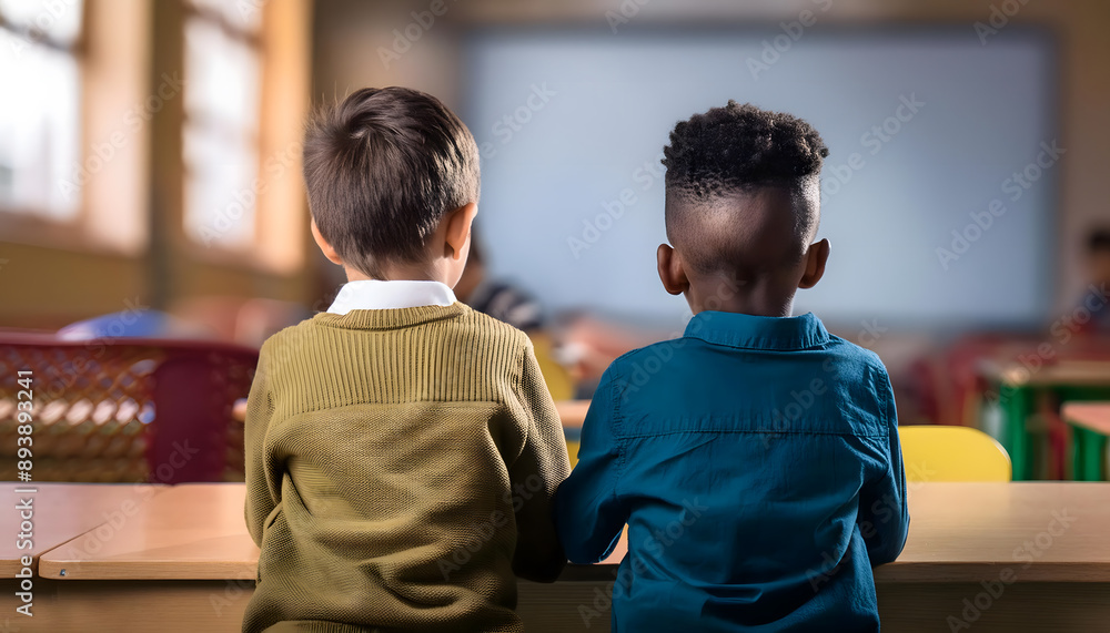 Two little boys, white and dark skin, sitting together in school, friendship diversity multicultural. Two little boys, white and dark skin, sitting together in school, friendship diversity multicultural.