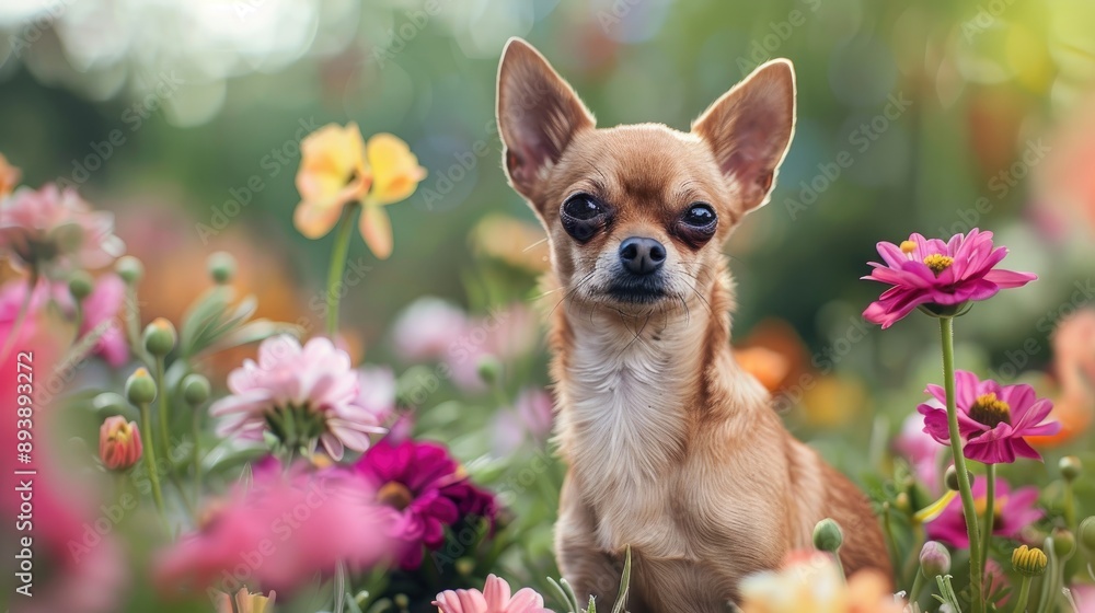 Charming Chihuahua posing among flowers Front view Horizontal shot with space Charming Chihuahua posing among flowers Front view Horizontal shot with space