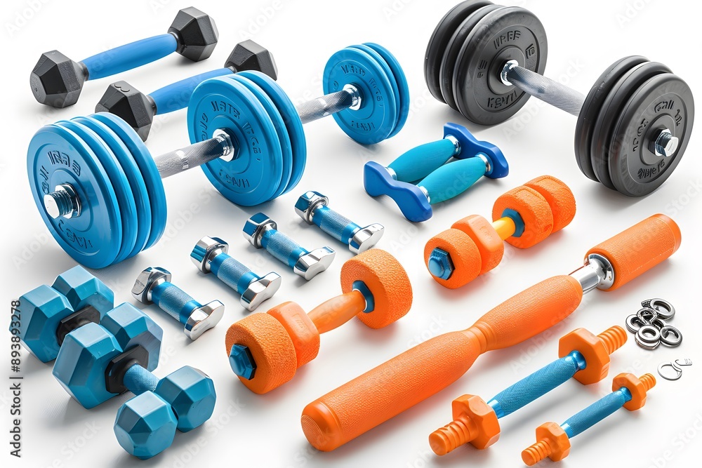 A Colorful Array of Dumbbells and Fitness Equipment for Home Workouts A Colorful Array of Dumbbells and Fitness Equipment for Home Workouts