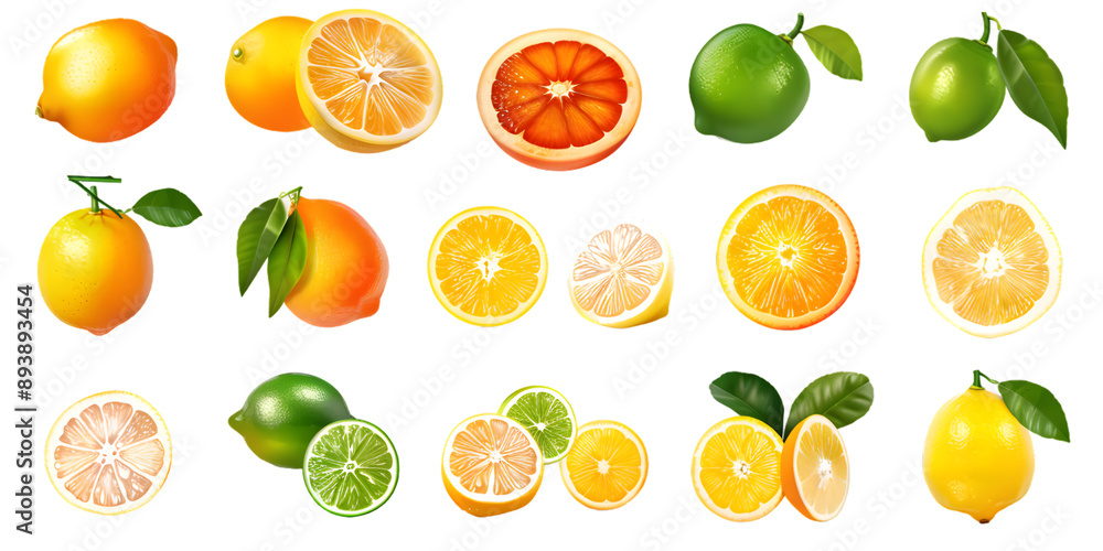 Collection of citrus fruits, including oranges, lemons, and limes, isolated on a white or transparent background Collection of citrus fruits, including oranges, lemons, and limes, isolated on a white or transparent background