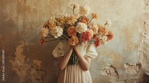 A young woman hides her head behind a bouquet of flowers