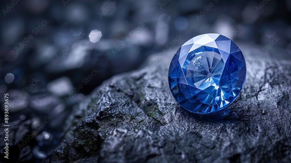 Blue sapphire gemstone set against a dark background with a cut stone detail Blue sapphire gemstone set against a dark background with a cut stone detail