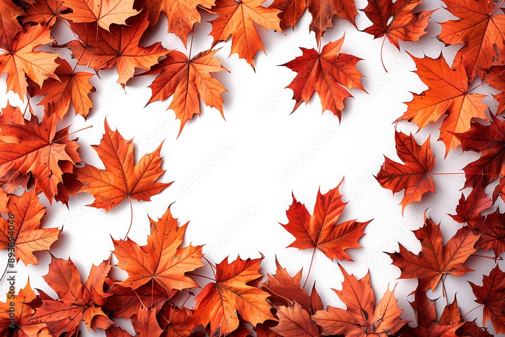 Frame border made of maple leaves with warm tones. Copy space in the middle of the image. Top view flat lay. Autumn season Frame border made of maple leaves with warm tones. Copy space in the middle of the image. Top view flat lay. Autumn season