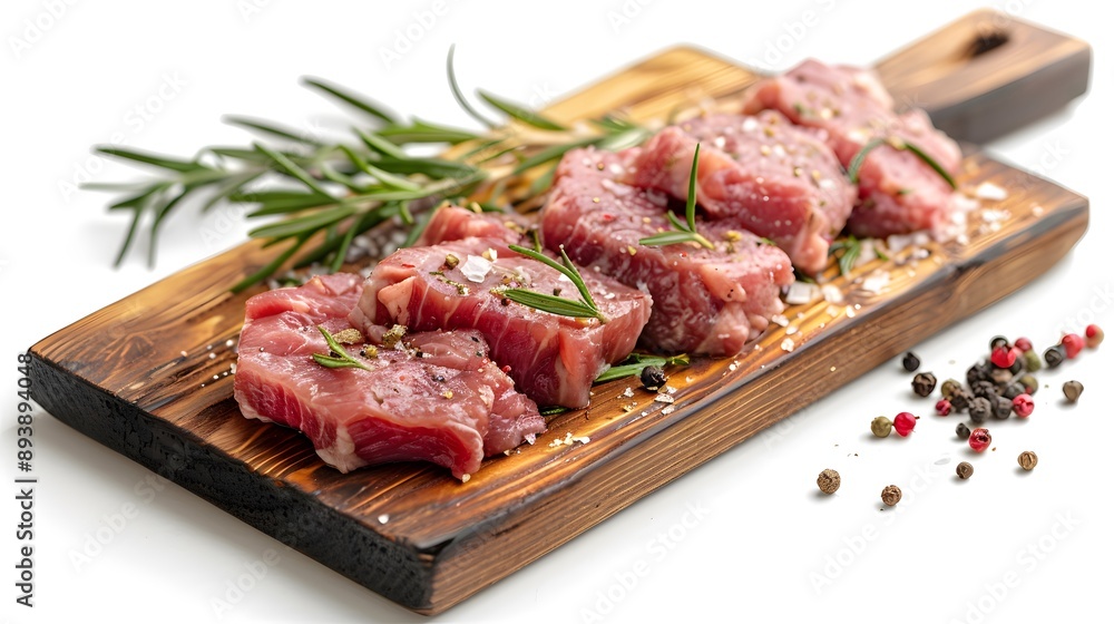 Freshly Cut Meat with Herbs and Spices on a Wooden Board Freshly Cut Meat with Herbs and Spices on a Wooden Board