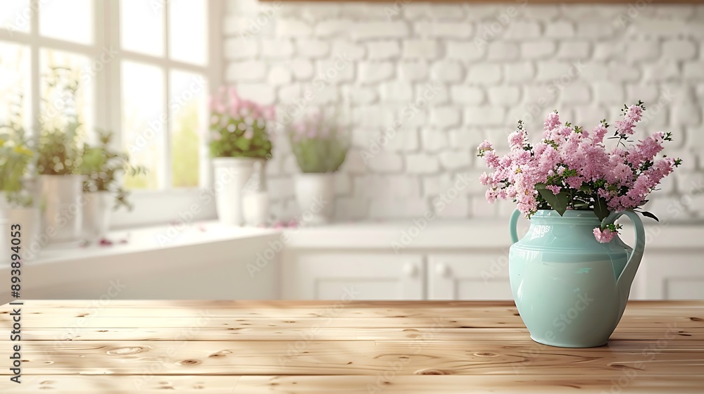 Pink Flowers in a Vase on Wooden Table Pink Flowers in a Vase on Wooden Table