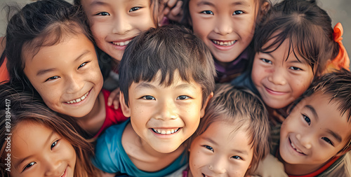 Happy portrait of diversity kids. Happiness, diversity and children friends standing, embracing and bonding with smile