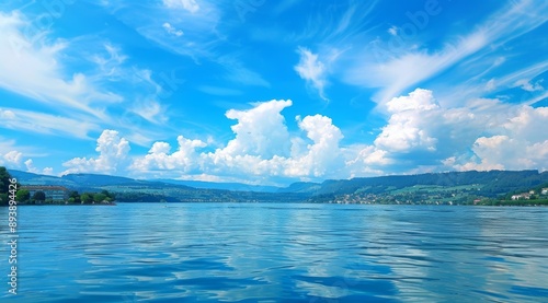 lake with mountains in the background, clear blue sky, taken from a boat