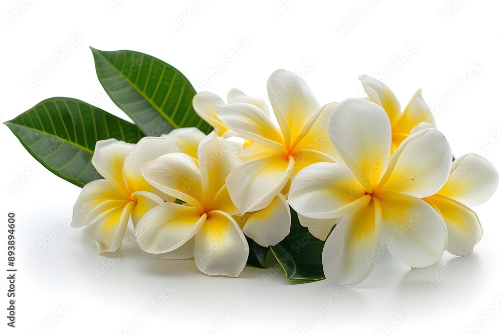 Fototapeta premium Beautiful Plumeria Flowers with Green Leaves on a White Background