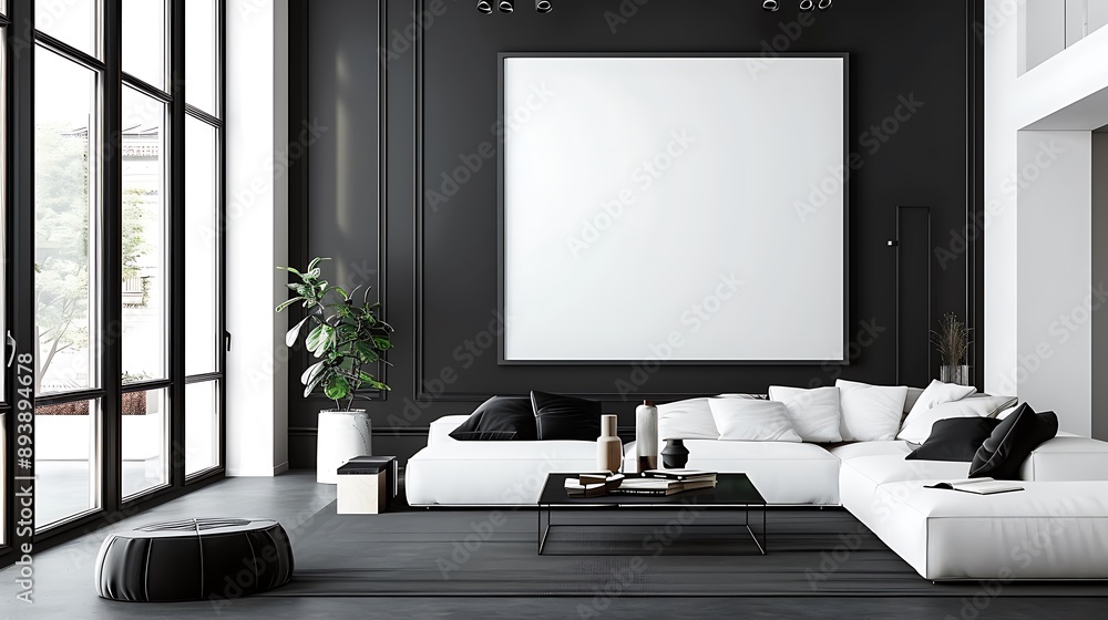 Modern Living Room with White Sofa and Black Walls Modern Living Room with White Sofa and Black Walls