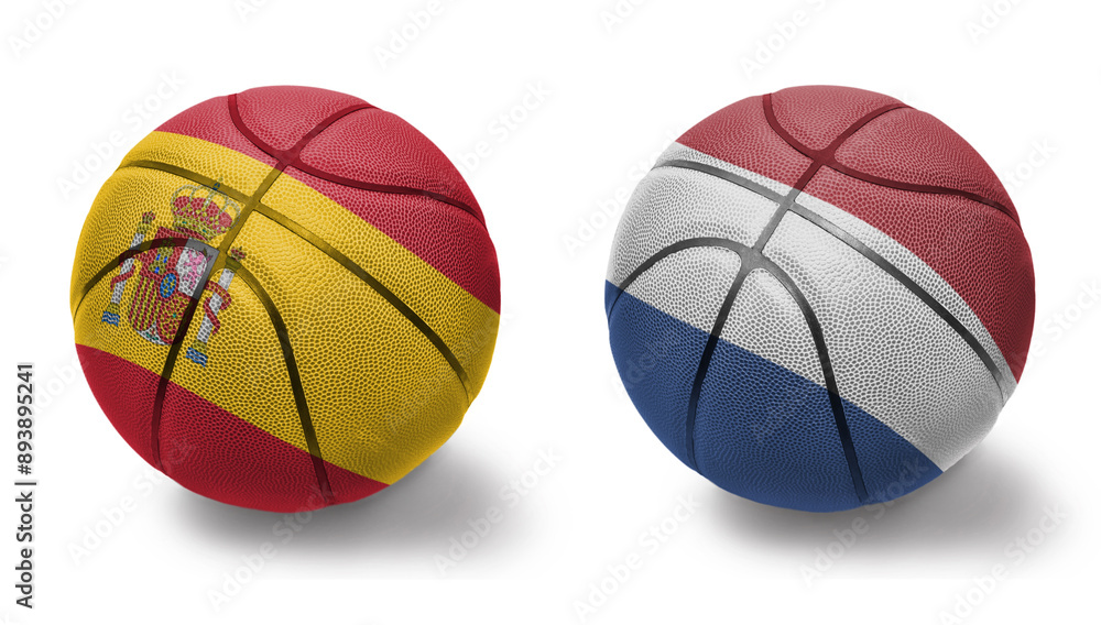 basketball balls with the national flags of netherlands and spain on the white background. basketball balls with the national flags of netherlands and spain on the white background.