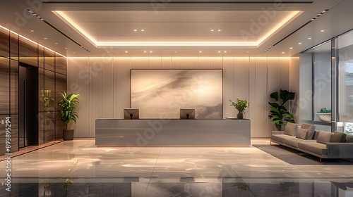 Wallpaper Mural A modern and elegant reception area featuring a sleek front desk, stylish seating, and tasteful decor in a well-lit environment.  Torontodigital.ca