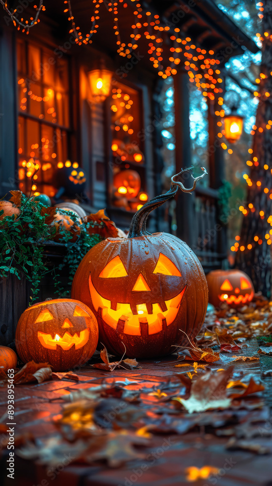 Obraz premium Carved pumpkins with glowing faces on a porch decorated with Halloween lights and leaves. Concept: Halloween decorations. Use: holiday promotions, themed events. Commercial interest: festive marketing