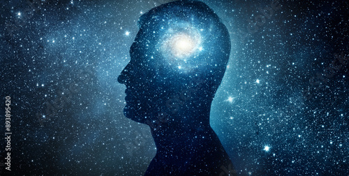 The universe within. Silhouette of a man inside the universe. The concept on scientific and philosophical topics.  Elements of this image furnished by NASA.