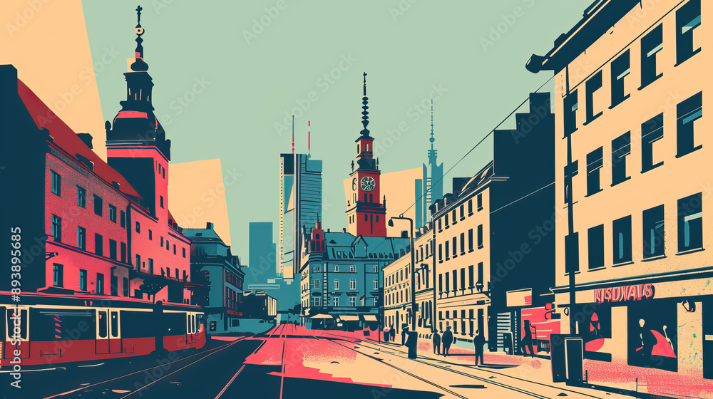 Obraz premium Risograph vibrant riso print travel poster, card, wallpaper or banner illustration, modern, isolated, clear, simple of Warsaw, Poland. Artistic, screen printing, retro, vintage