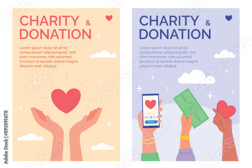 Fundraising event poster. Charity flyers template, volunteer hand giving donation, sponsor support humanitarian help philanthropy community assistance brochure vector illustration
