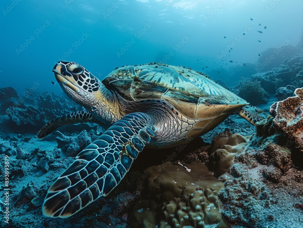 A sea turtle swims gracefully through a vibrant coral reef, showcasing the beauty and tranquility of marine life underwater. A sea turtle swims gracefully through a vibrant coral reef, showcasing the beauty and tranquility of marine life underwater.