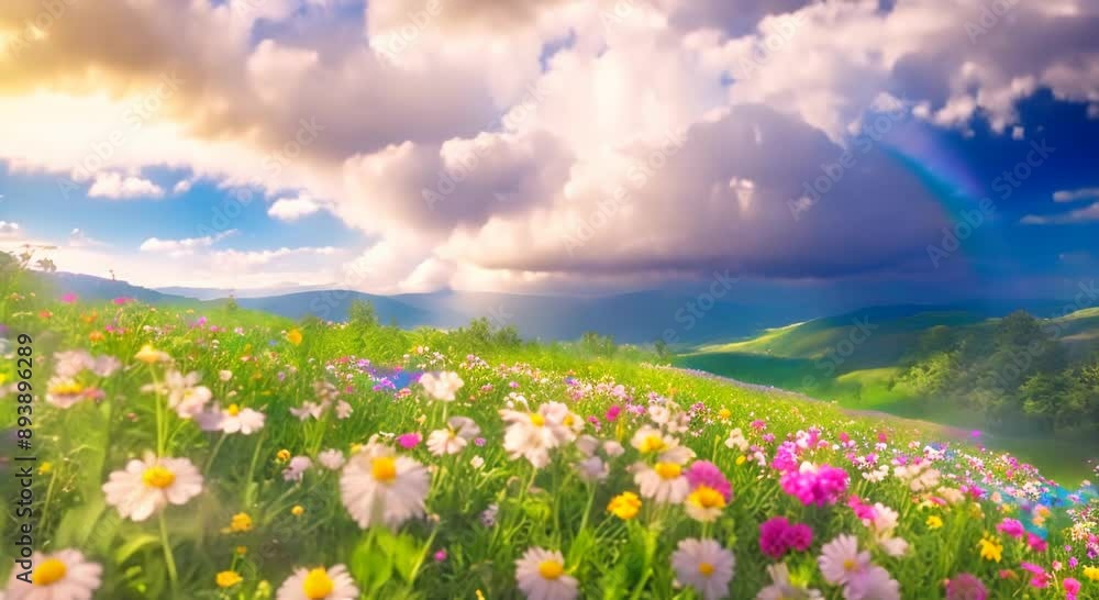 Landscape with flowers on clouds sky with rainbow backgrounds Seamless looping time lapse video animation background 4k animation Landscape with flowers on clouds sky with rainbow backgrounds Seamless looping time lapse video animation background 4k animation