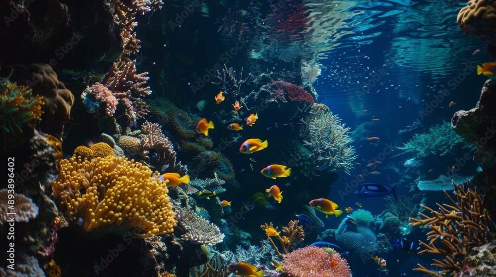 A vibrant coral reef bustling with a diverse array of colorful fish and marine life, showcasing the beauty and biodiversity of the underwater ecosystem A vibrant coral reef bustling with a diverse array of colorful fish and marine life, showcasing the beauty and biodiversity of the underwater ecosystem