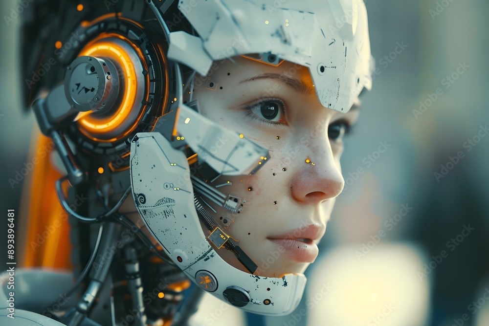 Fototapeta premium Futuristic Cyborg Portrait with Intricate Details and Glowing Elements