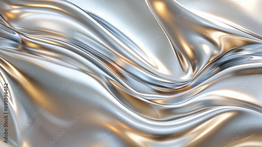 A close-up view of a silver fabric with hints of gold, draped and flowing in soft, abstract curves A close-up view of a silver fabric with hints of gold, draped and flowing in soft, abstract curves