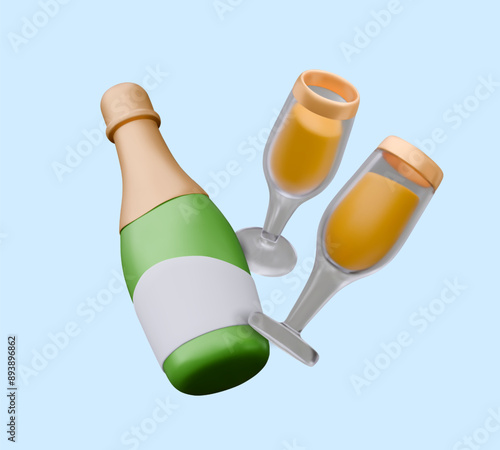 Realistic bottle of champagne, pair of glasses with yellow drink. Label vector mockup