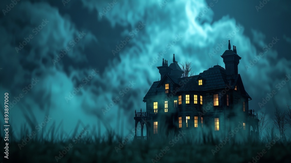 A spooky and mysterious haunted mansion stands tall against a backdrop of dark, stormy clouds. The home is lit with warm, inviting lights that contrast with the surrounding darkness and fog, creating A spooky and mysterious haunted mansion stands tall against a backdrop of dark, stormy clouds. The home is lit with warm, inviting lights that contrast with the surrounding darkness and fog, creating