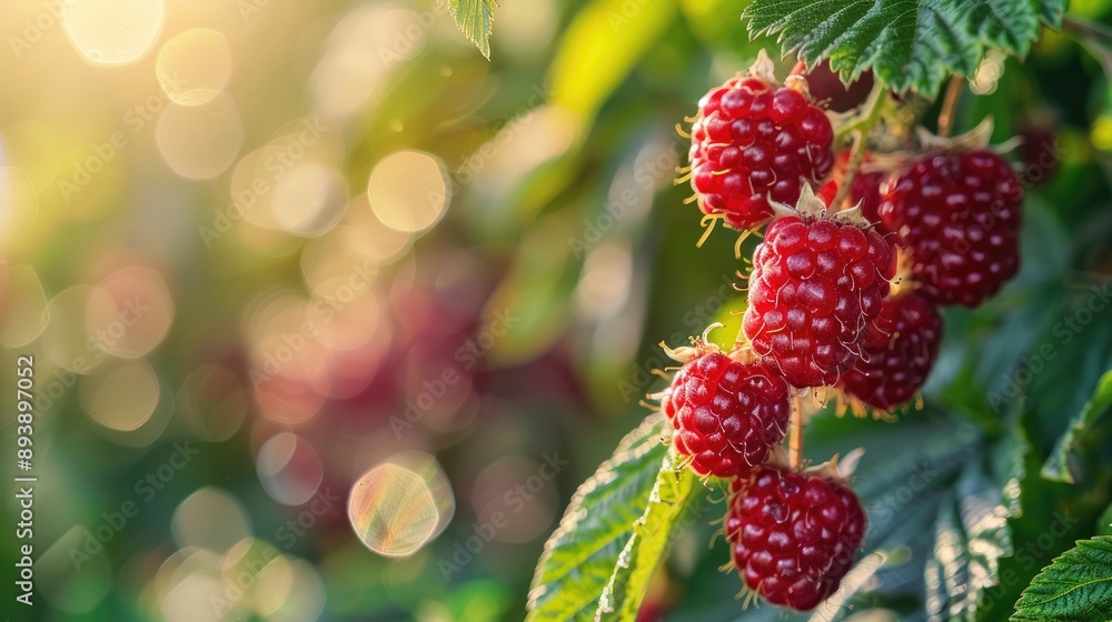 Close up of fresh red raspberries on a bush depicting organic agriculture and nutritional aspect Close up of fresh red raspberries on a bush depicting organic agriculture and nutritional aspect