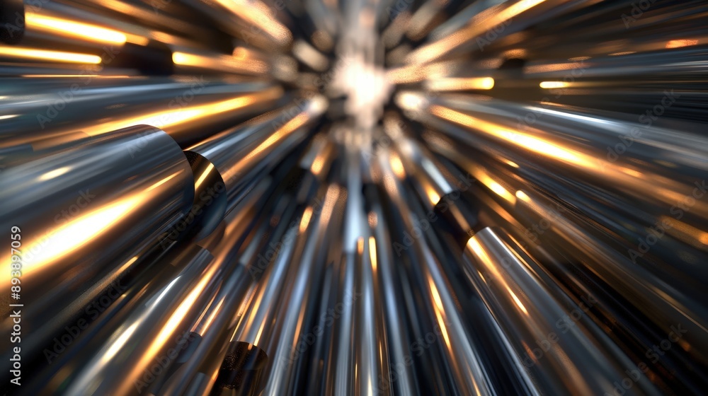 A close-up view of a composition featuring an array of shiny metallic tubes, all pointed towards a central point of light, creating an abstract and contemporary design A close-up view of a composition featuring an array of shiny metallic tubes, all pointed towards a central point of light, creating an abstract and contemporary design