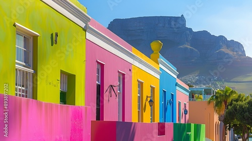 A row of brightly colored houses with a majestic mountain backdrop, scene depicting the vibrancy and rich cultural heritage of the local neighborhood.