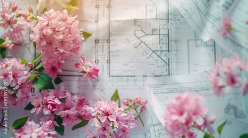 This image evokes a sense of new beginnings, with pink blossoms symbolizing growth and renewal, while the architectural plans represent the future and possibility. The light shining through the blosso