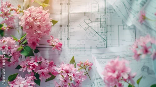 Obraz This image evokes a sense of new beginnings, with pink blossoms symbolizing growth and renewal, while the architectural plans represent the future and possibility. The light shining through the blosso