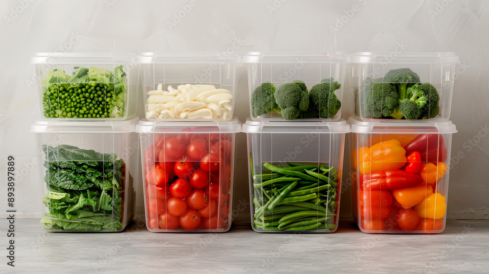Assorted fresh vegetables packed in transparent plastic containers, ready for meal prep. Healthy eating and kitchen organization concept. Assorted fresh vegetables packed in transparent plastic containers, ready for meal prep. Healthy eating and kitchen organization concept.