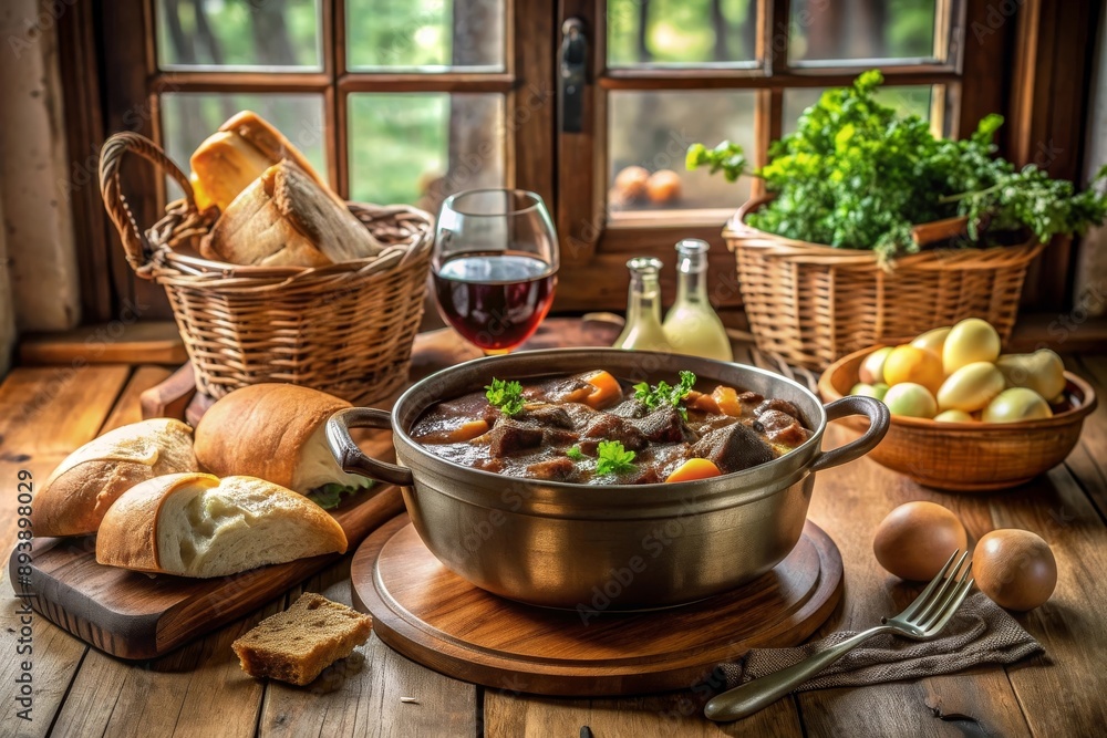 Traditional French stew with meat and vegetables served in a pot, accompanied by fresh bread and a glass of red wine. Cozy indoor setting by the window. Traditional French stew with meat and vegetables served in a pot, accompanied by fresh bread and a glass of red wine. Cozy indoor setting by the window.