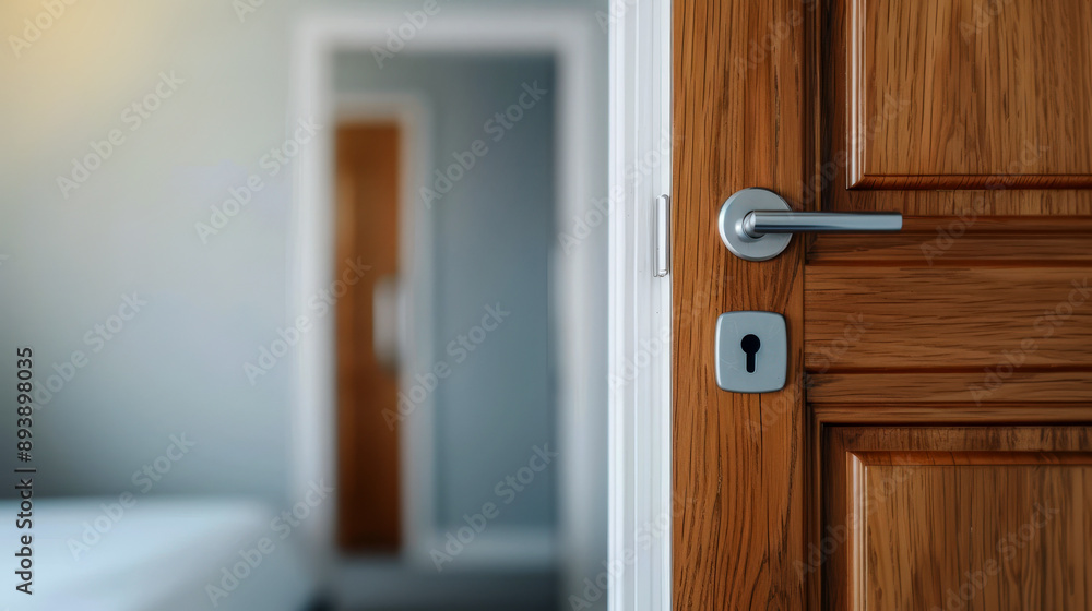 Obraz premium Close-up image of an open wooden door leading to another room, showcasing modern handles and locks, creating an inviting and contemporary atmosphere.