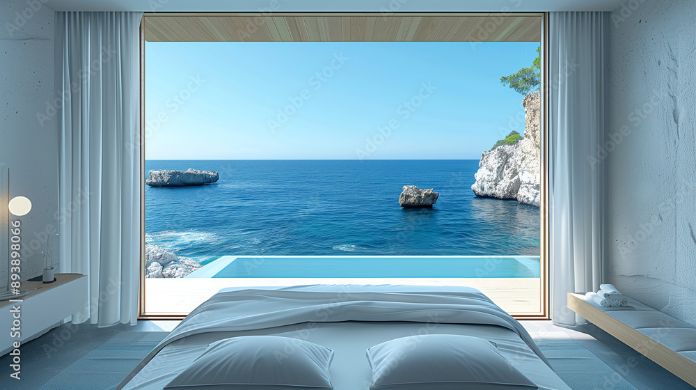 Fototapeta premium Luxurious hotel room with a king bed, panoramic ocean views, and bright, airy space, emphasizing supreme comfort and elegance.