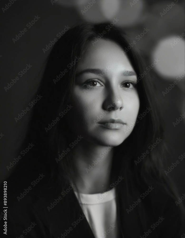 artistic portrait in black and white of a serious woman with a slightly sad look and signs artistic portrait in black and white of a serious woman with a slightly sad look and signs