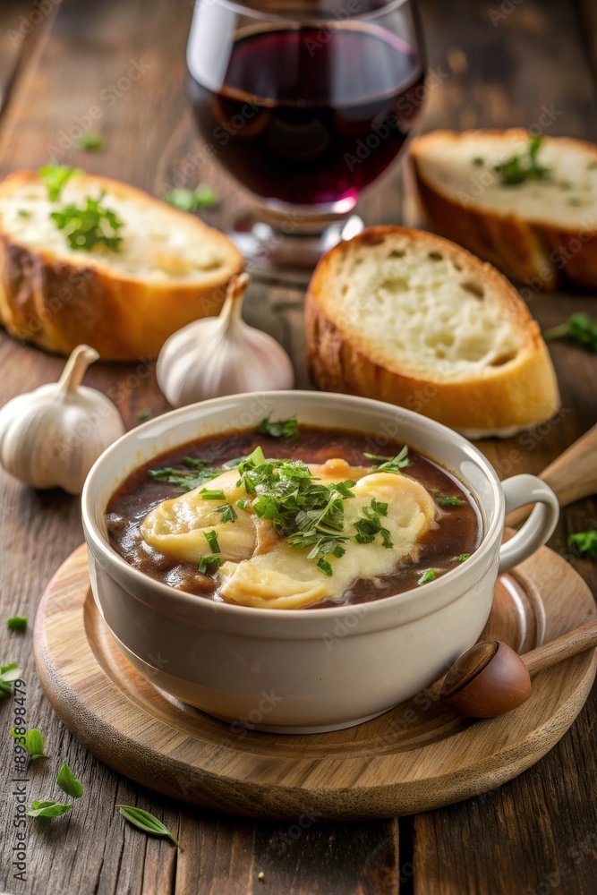 Hearty French onion soup topped with melted cheese, served with fresh bread and a glass of red wine. Rustic setting with garlic and onions. Hearty French onion soup topped with melted cheese, served with fresh bread and a glass of red wine. Rustic setting with garlic and onions.