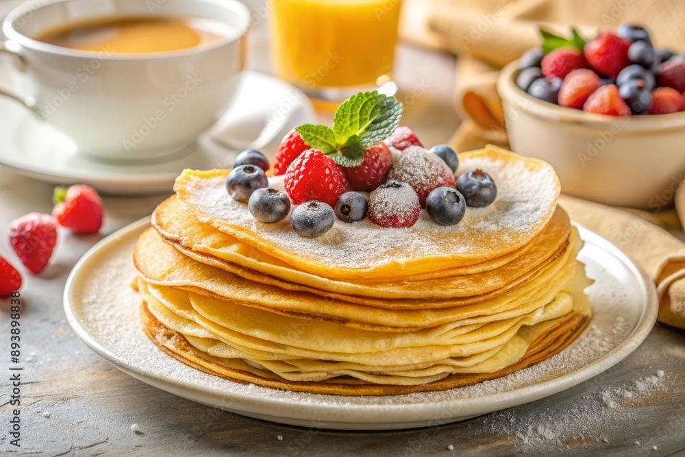 Plate of fluffy crepes garnished with berries and mint, accompanied by coffee and juice, highlighting a traditional French breakfast. Plate of fluffy crepes garnished with berries and mint, accompanied by coffee and juice, highlighting a traditional French breakfast.